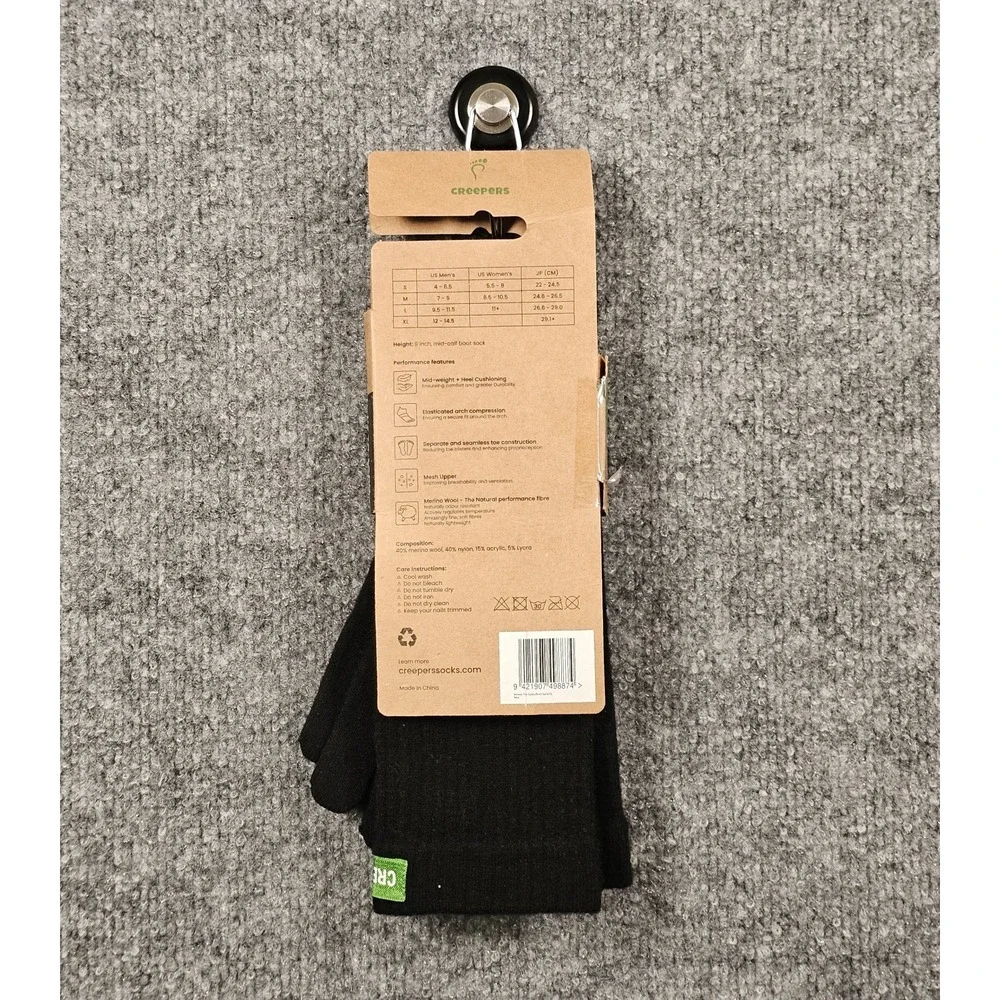 Creepers Toe Socks Boot Socks Men's XL US 12-14.5 Black 40% Merino Wool